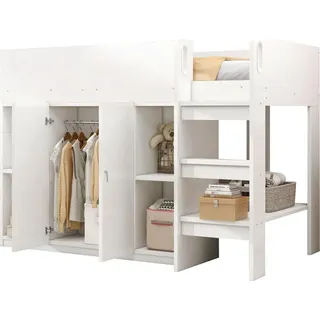 Multifunktionales Hochbett 90*200 mit Stauraum , Schrank und Regalen – Kinderbett mit Leiter und stabiler Konstruktion Weiß - Weiß