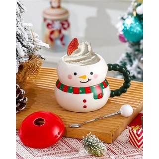 Rouemi Tasse Weihnachts-Keramikbecher, Weihnachtsbecher Geschenk mit Deckel Löffel weiß