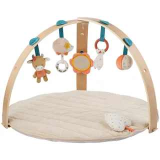 Nattou Krabbeldecke mit Holzbogen und verschiedenen Aktivitäten, Igel Zoë und Kuh Mila, Aus Baumwolle und Polyester, Ca. 80 cm, Mila, Zoë und Lana, Beige