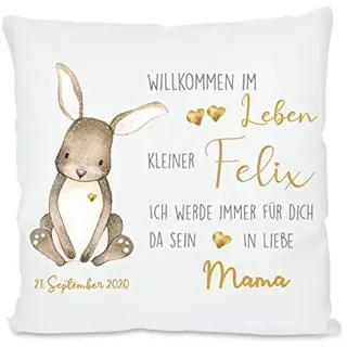 Manufaktur Liebevoll I Babygeschenk „Willkommen im Leben“ für Mädchen und Jungen mit Geburtsdatum und Namen personalisiert I Geschenk zur Geburt I Originelles Namensgeschenk fürs Baby I Geburtskissen