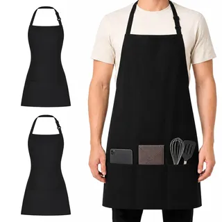 HURODZ Vorbinder Schürze mit Tasche, 2 Stück 67x75cm Kochschürze mit 3 Taschen Verstellbar, Kochschürze Halbe Arbeit Servierschürze Taillenschürze Schwarz für Kochen Backen Bistro
