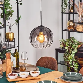 HOFSTEIN Hängeleuchte Koyoto, 1-flammige Hängelampe aus Metall/Riffelglas in Schwarz/Rauchfarben/Klar, moderne Pendelleuchte im Retro/Vintage-Design (Schirm Ø 25 cm), E27, Esszimmer, Küche, Wohnzimmer