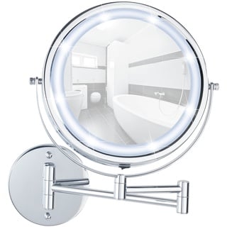 WENKO Power-Loc® LED Wandspiegel Lumi, Kosmetikspiegel zum Befestigen ohne Bohren, 5-fach Vergrößerung, Spiegelfläche Ø 17 cm, batteriebetrieben