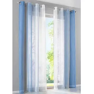 SIMPVALE Gardinen mit Ösen Farbverlauf 2er Set, Vorhang Transparent für Wohnzimmer Kinderzimmer Mädchenzimmer, Lichtdurchlässig Ösenschals Voile Weiß Blau Breite 140 Höhe 175 pro Stück