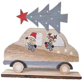 Weihnachten Auto mit Christbaum mit Stern Schneemann Elch aus Holz 13x12x4cm