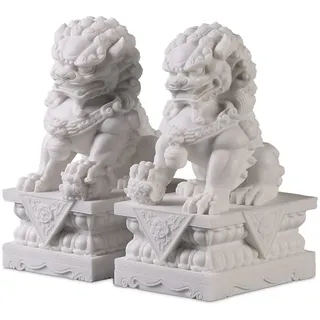 Große FOO Dogs Statuen Paar Marmor Feng Shui Guardian Lion Statuen Home Outdoor Asiatisches Dekor für den Eingang, Bestes Housewarming-Glückwunschdekor zur Abwehr von böser Energie,Weiß,20CM