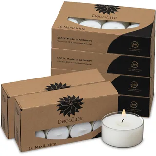 DecoLite Maxi Teelichter im Acrylcup – 9–10h lange Brenndauer – Auswahl: 16 bis 160 Stück – Große Teelichter transparent – Ø 5,6 cm x H 2,5 cm - (96 x MaxiLights)