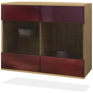 Vladon Kommode Bari V3 (Moderner Küchenschrank, mit 2 großen Glastüren), Eiche Evoke / Bordeaux Hochglanz (92,5 x 73.5 x 35) rot 92.5 cm x 73.5 cm x 35 cm