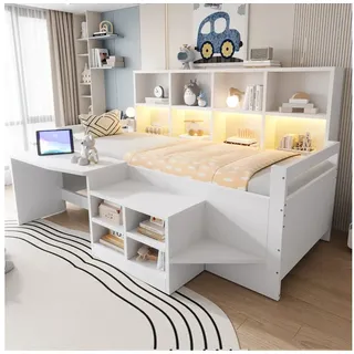 Flieks Kinderbett, Halbhochbett 90x200cm mit Schreibtisch, Schrank, Aufladen & LED-Leiste weiß 146 cm x 204 cm x 100 cm