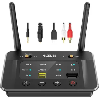 1Mii B03S Bluetooth 5.3 Transmitter & Empfänger für TV und Stereoanlage | 3-in-1 Audio Adapter mit TX/RX/Bypass, ESS SABRE DAC, aptX Adaptive/Low Latency, Dual Link für 2 Kopfhörer, Optisch/Cinch/AUX