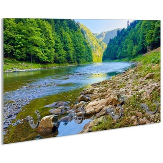 Wallario Schlüsselbrett Fluss in den Bergen an steinigem Ufer, (inkl. Aufhängeset), 30x20cm, aus ESG-Sicherheitsglas gelb