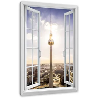 Pixxprint Großstadt Fernsehturm Berlin City, Fenster, Größe: 60x40cm, Leinwandbild, fertig gespannt, Wandbild, Dekoration, Kunstdruck, kein Poster