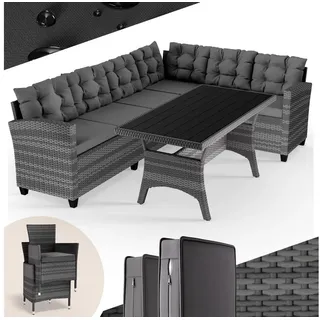 Casaria Gartenlounge-Set Lissabon, (17-tlg), Polyrattan WPC Esstisch Eckbank Gartenstühle 15cm Kissen 7cm Auflagen grau