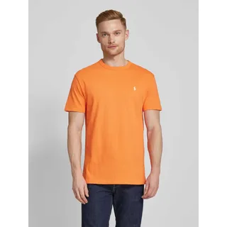 Regular Fit T-Shirt aus reiner Baumwolle mit Label-Stitching, Orange, S