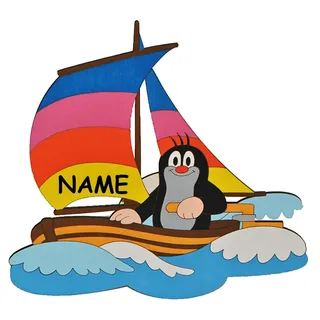 alles-meine.de GmbH Wandbild/Wandtattoo/Türschild - Der kleine Maulwurf - Pauli - im Segelboot - incl. Name - aus Holz - selbstklebend - Kinderzimmer Deko Bilder - Boot -..