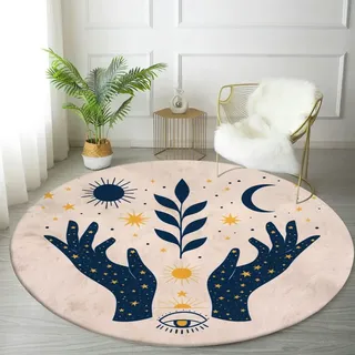Runder Teppich, rund, 122 cm, mystische Mudra-Hände, himmlische Symbole, Sonne, Mond und Sterne, Esoterik-Teppich, waschbar, kleine runde Teppiche für Schlafzimmer, ästhetisch, Badezimmer, Waschküche,