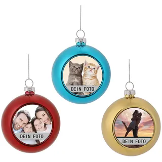 MilyaDE 3 Stück Weihnachtskugeln mit eigenem Bild, Kunststoff innen Glitzer Lametta 6cm, Christbaumkugeln Personalisierte selbst gestalten