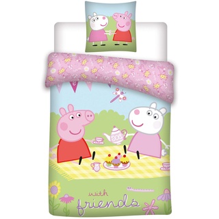 Peppa Pig Friends Bettwäsche, 100 % Baumwolle, wendbarer Bettbezug und Kissenbezug, 65 x 65 cm