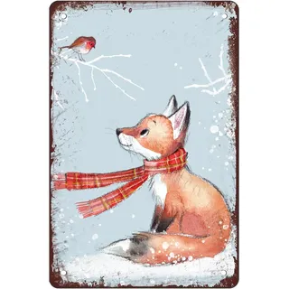 Weihnachtliches Fuchs und Rotkehlchen Frohe Weihnachten Fuchs-Poster Aluminiumschild Vintage Metall Aluminium Schild Bar Club Familie Badezimmer WC Cafe Wanddekoration Fuchs-Liebhaber Geschenk für