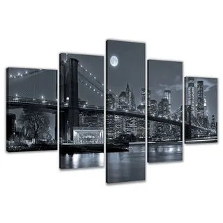 Visario Leinwandbild New York Brooklyn Bridge Schwarzweiss Mond 200 x 100 cm 5-teilig Direktdruck auf Leinwand mit Holzrahmen Wandbild Kunstdruck XXL Wanddeko für Wohnzimmer Schlafzimmer Artikelnr.