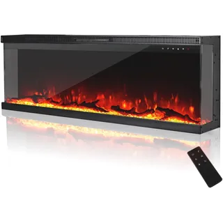 MachenFlame 127 cm (50 Zoll) elektrischer Kamin, 3-seitig, Panorama-Glaseinsatz zur Wandmontage, mit 9-Farbiger Flamme, unabhängiger Kaminheizer, 900 W / 1800 W, Schwarz