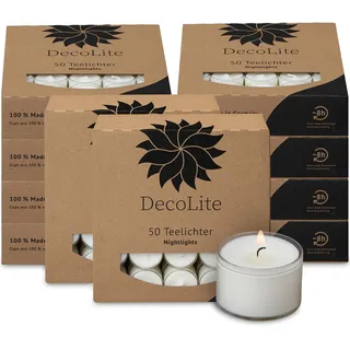 DecoLite: 50-500 Teelichter Nightlights in transparenter Hülle | 8 Stunden Brenndauer | 100% made in Germany | RAL Geprüft | höchste Qualität | Kerzen in Durchsichtigem Behälter (500)