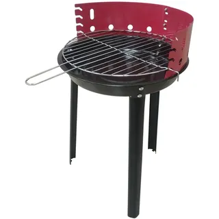 Friesenthal Standgrill Holzkohle – Rundgrill Rot/Schwarz mit Grillrost Ø 32 cm, höhenverstellbarer Grillrost & Windschutz, kompakter Holzkohlegrill für Balkon, Garten, Camping & Festivals
