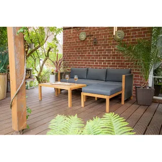 Acamp Loungegarnitur, Grau, Schwarz, Teak, Holz, Textil, Akazie, Uni, Füllung: Schaumstoff, Fleece,Schaumstoff, Fleece, L-Form, 198x132 cm, lichtecht, UV-beständig, wetterbeständig, Loungemöbel, Gartenlounge-Sets