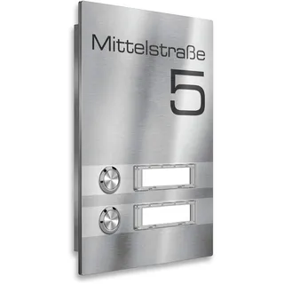 Metzler Kabellose Edelstahl Aufputz Funk-Klingel für Mehrfamilien Häuser mit austauschbarem Namenschild - Farbe wählbar - (2 Taster, Edelstahl)