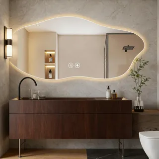 GXSDYYDS LED Spiegel Bad 120x60cm, Asymmetrischer Beleuchteter Badezimmerspiegel mit Touch-Schalter, 3 Lichtfarben, Dimmbar, Memory-Funktion, Beschlagfreier Wandspiegel, Gehärtetes Glas