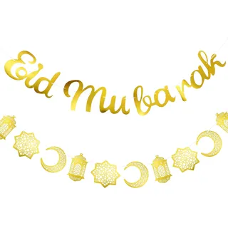 2 Stücke Eid Mubarak Dekoration Ramadan Mubarak Banner Gold Glitzernd Eid Banner und Mond Sterne Laterne Girlande Hängen Eid Mubarak Dekoration für Haus Party Lieferung