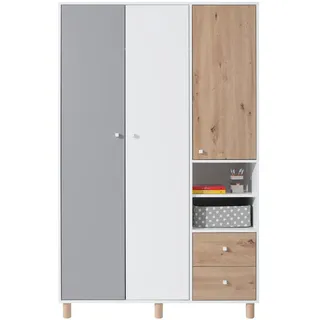 Beautysofa Kinderkleiderschrank FIGO mit 3 Türen und 2 Schubladen (Kinderzimmer & Jugendzimmer Schrank, mit Kleiderstange und Regalböden) Breite: 120 cm grau|weiß