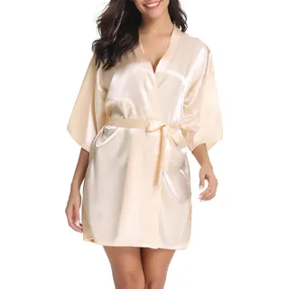 Vlazom Kimono Robe Damen Morgenmantel Kurzer Satin Bademantel Mit Gürtel V-Ausschnitt Kimono(M,Champagner) - M