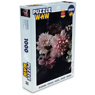 MuchoWow Puzzle Blumen - Vintage - Pastell - Schwarz - Blumenstrauß, 1000 Puzzleteile, Foto-Puzzle, Bilderrätsel, Puzzlespiele, Klassisch rosa 48 cm x 68 cm x 2 cm | Hochformat