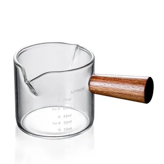 BYYLECL Doppelausgießer Messbecher mit Holzgriff, hitzebeständiger Glas-Messbecher mit Skala, Milchbecher mit Holzgriff, hohe Borosilikatglasbecher, A, 100 ml