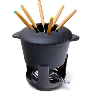 Bonvivre Gusseisen Fondue Set für 6 Personen - 1 Liter - Fondueset 13-teilig mit Brenner und 6 Gabeln - Emailliert Schwarz