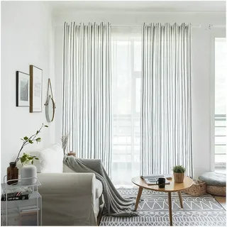Grewod Vorhänge Halbtransparent Schwarz Weiß Streifen Sheer Voile Vorhang, 244x107cm(HxB), 2er Set, mit Ösen, Polyester