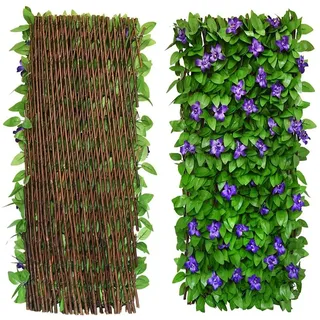 Laubschutz, Erweiterbarer Zaun, Sichtschutz für Balkon, Terrasse, Outdoor - Künstlicher Efeu-Zaun, Hecken, 30 x 200 cm, Erweiterbar (1 Stück, Lila Blumen)