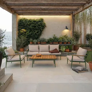 Ambia Garden Loungegarnitur, Hellgrau, Smaragdgrün, Teak, Holz, Metall, Textil, 3-teilig, Teakholz, einzeln stellbar, konisch, 190x80x320 cm, Loungemöbel, Gartenlounge-Sets