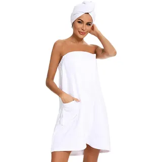 Sauna Frottee Kilt Saunasarong S-XXL Damen,Saunatuch Saunakilt mit Druckknöpfen,Tasche und Gummizug,Bademantel für Frauen aus saugstarkem Baumwoll-Frottier,Saunatuch Knielang Größe:36-46 (XXL,Weiß)