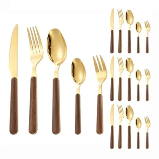 Royal Shang Youpin Holzgriff Küche Edelstahl Besteck Geschirr Besteck Besteck 5-teiliges Set Steakmesser Gabel Löffel Teelöffel (Gold,20 Stück)