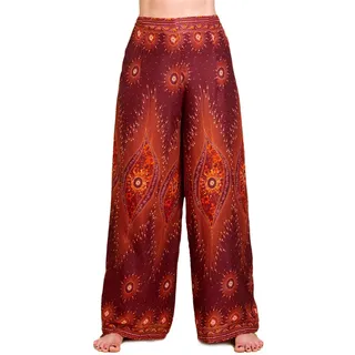 PANASIAM Wickelhose Damen - Weite Palazzohose - Boho Stil - in 3 Längen | leichte Sommerhose aus Viskose, Hosenrock gerader Schnitt, Strandhose, variabler Bund zum Binden, Peacock & Oriental Design - M