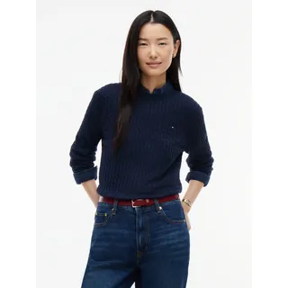 Rundhalspullover TOMMY HILFIGER "CO CABLE C-NK LS SWEATER", Damen, Gr. M (40), blau (schwarz night navy), Strick, Obermaterial: 100% Baumwolle, unifarben, regular fit normal, Rundhals, Rippstrickbündchen, Pullover Rundhalspullover, Baumwolle, mit Zopfmuster, Regular Fit