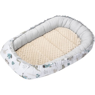 Medi Partners Babynest Kuschelnest Babynestchen 100% Baumwolle Nestchen Reisebett für Babys Säuglinge 100x60x15cm herausnehmbarer Einsatz (Mint Zoo mit beige Minky)