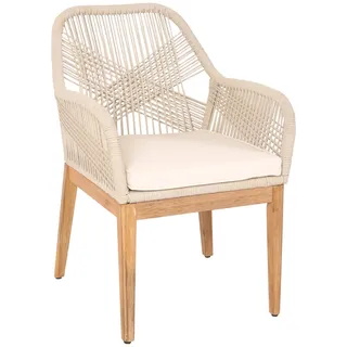 Mendler Gartenstuhl HWC-H56b, Sessel Outdoor Stuhl, wetterfest Seilgeflecht Rope Holz Akazie ~ beige Kissen creme-weiß