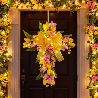Türkranz Frühling mit LED Licht, 45CM Schmetterling Frühlingskranz Haustür mit Beleuchtung Künstliche Kreuz Tulpenkranz Ostern Kranz Beleuchtet Frühlingsdeko Kranz mit Lichterkette Wandkranz (C)