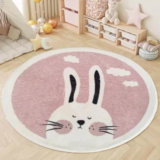 AIMECO Rund Kinderteppich 120cm - Rosa Kaninchen Motiv, Weicher Kaschmir-Look, rutschfest & Pflegeleicht - Spielteppich für Mädchen Schlafzimmer, Kinderzimmer & Wohnzimmer Deko