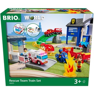BRIO World 36025 Polizei und Feuerwehr Set Deluxe - Großes Rettungskräfte-Set mit Polizeistation, Feuerwehrzug, Löschhubschrauber und Krankenwagen - Empfohlen für Kinder ab 3 Jahren