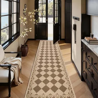 Cekene Teppich Läufer Flur Braun 80X300cm Boho Küchenteppich Waschbarer rutschfest Jute Flur Teppich Lang Teppichläufer für Eingang Küche Korridor Schlafzimmer