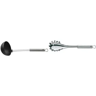 WMF Profi Plus Suppenkelle 30 cm, Saucen- Schöpflöffel mit Kunststoff-Laffe & Profi Plus Spaghettilöffel 32 cm, Cromargan Edelstahl teilmattiert, ideal als Nudelzange und Spaghettizange